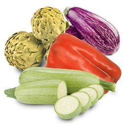 Panier Artichauts, Courgettes, Aubergines et Poivrons rouges 6Kg et 2 Unités → 2Kg Artichauts + 2Kg Courgettes + 2Kg Aubergines + 2 Unités Poivron Rouge