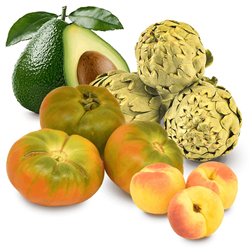 Cesta Alcachofas, Tomate Valenciano de Ensalada, Albaricoques y Aguacates 7Kg → 2Kg Alcachofas + 2Kg Tomates + 2Kg Albaricoques + 1Kg Aguacates