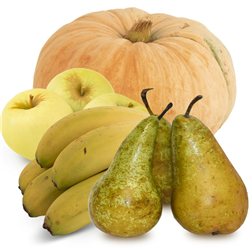 Cesta Calabaza Manzanas Golden Peras Plátanos 1 Calabaza + 1Kg Manzanas rojas + 1Kg Peras + 1Kg Plátanos
