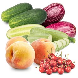 Cesta Cerezas, Melocotones, Calabacines, Pepinos y Berenjenas Cereza 2K melocotón 2K calabacín 1K pepino 1K berenjena