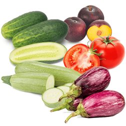 Cesta Ciruela, Tomate Valenciano, Pepino, Calabacín y Berenjena Ciruela 1K tomate 1K Pepino 1K calabacín 1K berenjena