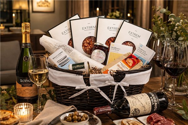 Panier avec des vins, des ibériques, des conserves et du foie-detalle