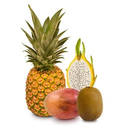 Cesta de Pina, Mangos, Kiwis y Pitahaya amarilla 1 Piña + 1kg Mangos + 1kg Kiwis + 2 Pitahayas amarillas