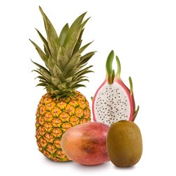 Cesta de Pina, Mangos, Kiwis y Pitahaya blanca 1 Piña + 1kg Mangos + 1kg Kiwis + 2 Pitahayas blancas