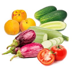 Cesta Melocotón, Tomate Valenciano, Calabacín, Pepino y Berenjena Melocotón 2K tomate 2K calabacín 1K pepino 1K berenjena 1K