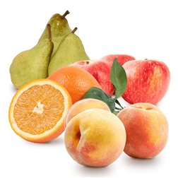 Panier de Pêches, Pommes, Poires et Oranges à jus