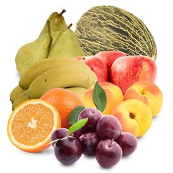 Melon Basket, Apples, Pears, Bananas, Juice Oranges, Apricots and Plums 1 + 10Kg (1 Melon + 1Kg Apples + 1Kg Clapps Pears + 1Kg Bananas + 5Kg Juice Oranges + 1Kg Apricots + 1Kg Plums)