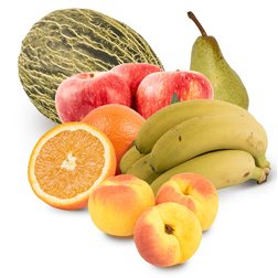 Melonen-, Äpfel-, Birnen-, Bananen-, Saftorangen- und Aprikosenkorb 1 + 11 kg (1 Melone + 2 kg Aprikosen + 1 kg Äpfel + 1 kg Cosse-Birnen + 1 kg Bananen + 5 kg Saftorangen)