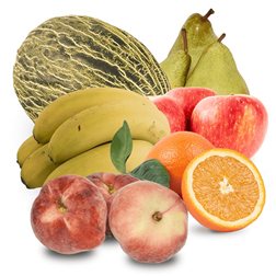 Melon, Apples, Pears, Bananas, Juice Oranges and Paraguayos Basket 1 + 10Kg (1 Melon + 1Kg Apples + 1Kg Condesa Pears + 1Kg Bananas + 5Kg Juice Oranges + 2Kg Paraguayos)