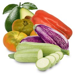 Cesta Mini Tomate, Calabacín, Berenjena, Aguacate y Pimiento rojo 5Kg + 1 Unidad (2Kg Tomate + 1kg Calabacín +1Kg Berenjena + 1kg Aguacate + 1 Pimiento Rojo)