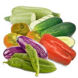 Panier Mini Tomate, Concombres, Courgettes, Aubergines, Poivron rouge et Poivron vert 6 kg (2 kg de tomates valenciennes pour salade + 1 kg de concombres + 1 kg de courgettes + 1 kg d'aubergines + 1 poivron rouge + 1/2 kg de poivron vert)