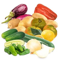 Korb mit Kartoffeln, Zwiebeln, Gurken, Tomaten, Auberginen, Zucchini, Zitronen, roter Paprika und Pimientos de Padrón 8,5 kg + 1 (2 kg Kartoffeln + 1 kg Zwiebeln + 1 kg Gurken + 1 kg Tomaten + 1 kg Auberginen + 1 kg Zucchini + 1 kg Zitronen + 1 roter Paprika + 1/2 kg Pimientos de Padrón)