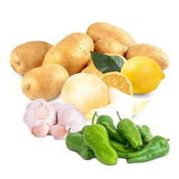 Korb Kartoffeln, Zwiebeln, Knoblauch, Zitronen und Pimientos de Padrón 4 kg Kartoffeln + 2 kg Zwiebeln + 125 g Knoblauch + 1 kg Zitronen + 1/2 kg Pimientos de Padrón.