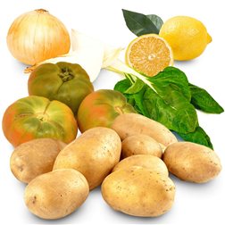 Cesta Patatas, Cebollas, Tomate, Limones y Acelgas 10K y 2 Unidades(5Kg Patatas, 2Kg Tomates, 2Kg Cebolla, 1Kg Limones y 2 Unidades Acelgas)