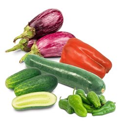 Basket of 5kg Cucumbers, Zucchini, Eggplants, Red Pepper, and Padrón Pepper (1kg Cucumbers + 1kg Zucchini + 1kg Eggplants + 1 Red Pepper + 1/2kg Padrón Pepper)