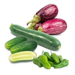 Panier de concombres, courgettes, aubergines et poivrons de Padrón 2 kg de concombres + 2 kg de courgettes + 2 kg d'aubergines + 1/2 kg de poivrons de Padrón