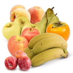 Korb mit Kaki, roter Pflaume, Golden Delicious Apfel, rotem Apfel, Gräfin-Birne, Bananen und Pfirsichen 4 kg (0,5 kg Kaki + 0,5 kg rote Pflaume + 0,5 kg Golden Delicious Äpfel + 0,5 kg rote Äpfel + 0,5 kg Gräfin-Birnen + 0,5 kg Bananen + 0,5 kg Pfirsiche)