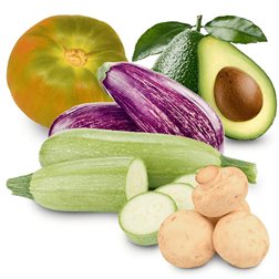 Cesta Tomate, Calabacín, Berenjenas, Aguacates y champiñones 6Kg (2Kg Tomate+1Kg Calabacín+ 1Kg Berenjena + 1Kg Aguacates + 1Kg Champiñones)