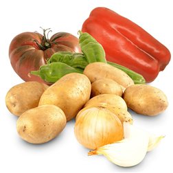 Cesta Tomate, Patatas, Pimiento Rojo, Pimiento Verde y Cebolla 9'5Kg + 2 Unidades(2Kg Tomate 5Kg Patatas 2Kg Cebolla 1/2Kg Pimiento Verde y 2 unidades Pimiento Rojo)