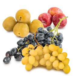 Panier de raisins blancs, raisins noirs, prunes rouges et prunes jaunes 1 kg de raisins blancs + 1 kg de raisins noirs + 1 kg de prunes rouges + 1 kg de prunes jaunes