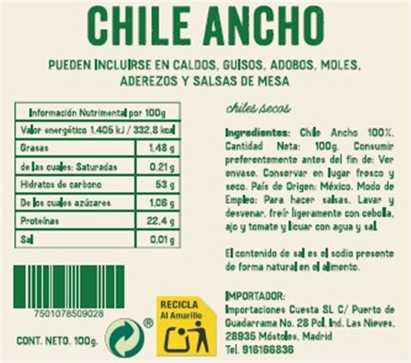 Chile Ancho seco El Sarape 100g-lateral