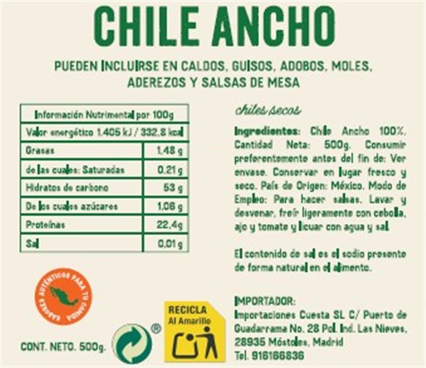 Chile Ancho seco El Sarape 100g-trasera