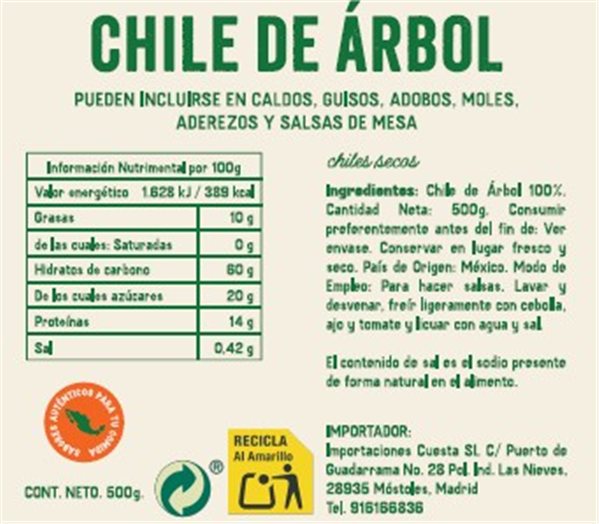 Chile de Arbol seco El Sarape 100g-trasera