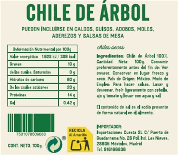 Chile de Arbol seco El Sarape 3kg-lateral