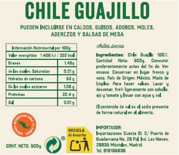 Dried Guajillo Chili El Sarape 100g-trasera