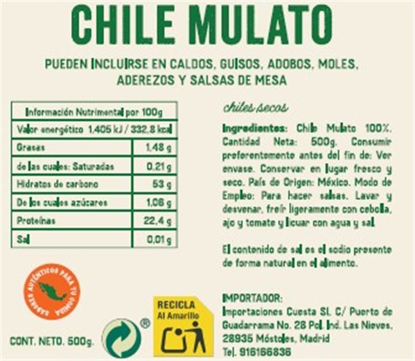 Chile Mulato seco El Sarape 100g-trasera