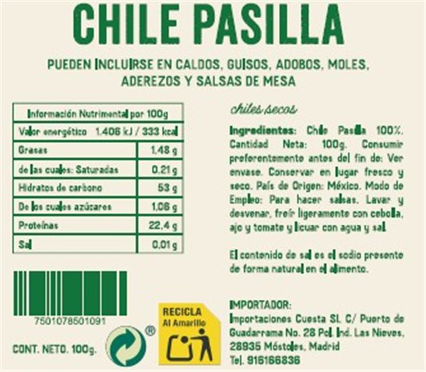 Chile Pasilla seco El Sarape 3kg-lateral