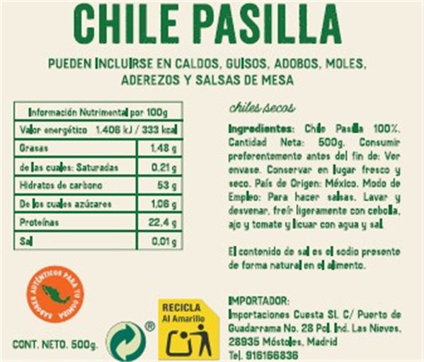 Chile Pasilla seco El Sarape 3kg-trasera