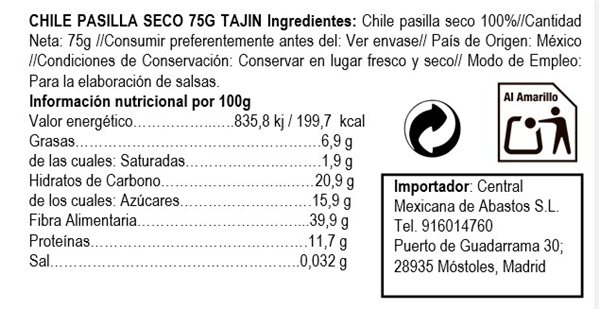 Chile Seco Pasilla 75gr Tajin 75gr-detalle