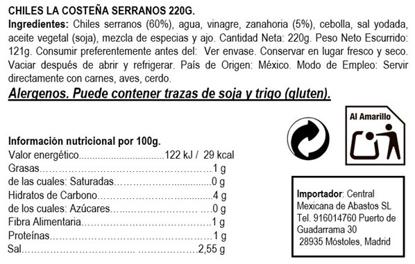 Chiles serranos 220g  "La Costeña" 220gr-lateral