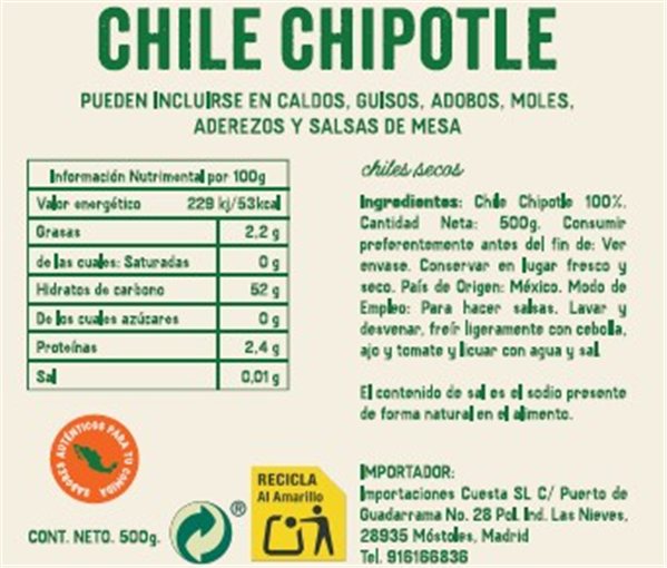 Chipotle seco El Sarape 3kg-trasera