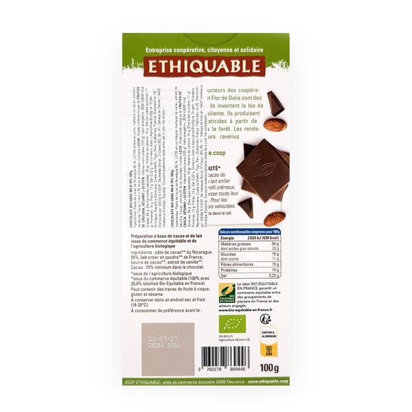 70% dark milk chocolate without sugar BIO 100 g-detalle
