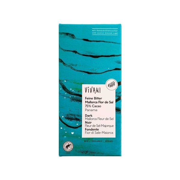 Chocolate noir Panama 75 % avec Flor de Sal de Mallorca Bio 80 g Vivani-detalle