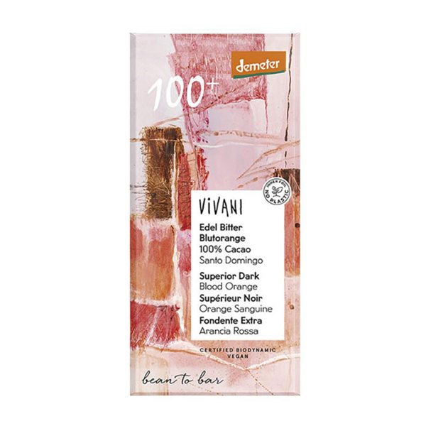 Chocolate negro superior 100% con naranja sanguina bio 90g Vivani-detalle