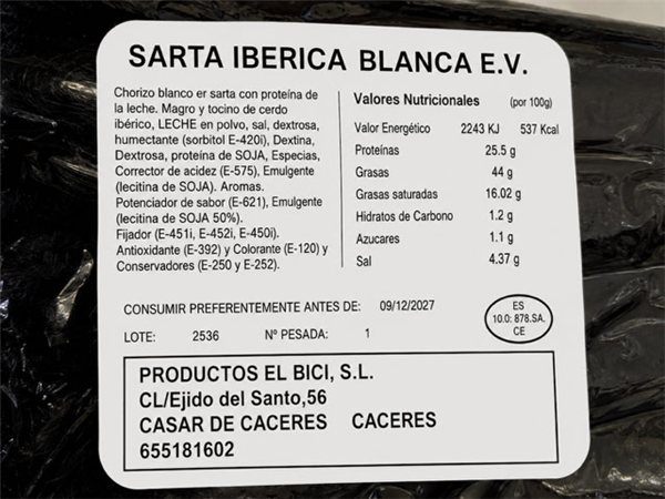Chorizo Blanco ibérico "El Bici" 250-300gr-detalle