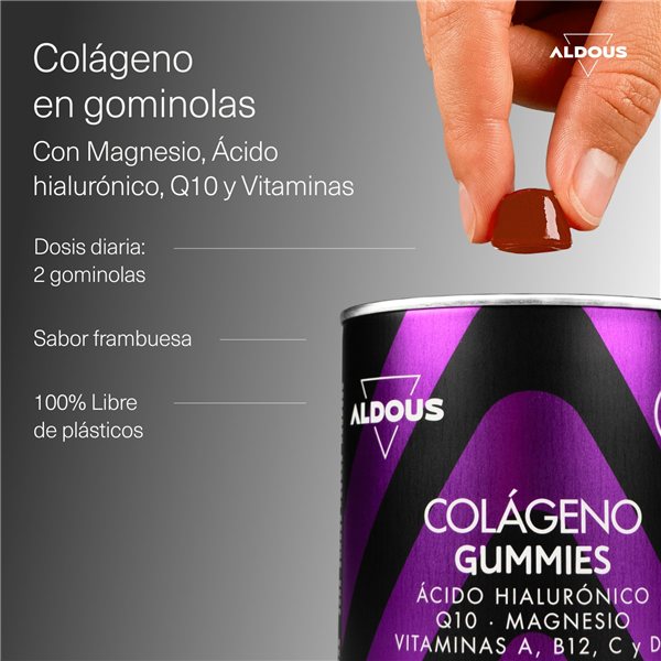 Collagen with magnesium and hyaluronic acid - 120 gummies - with Q10 and vitamins C, B12, D3, and A - Aldous-detalle