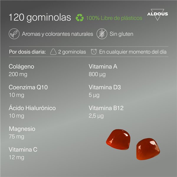 Collagen with magnesium and hyaluronic acid - 120 gummies - with Q10 and vitamins C, B12, D3, and A - Aldous-lateral