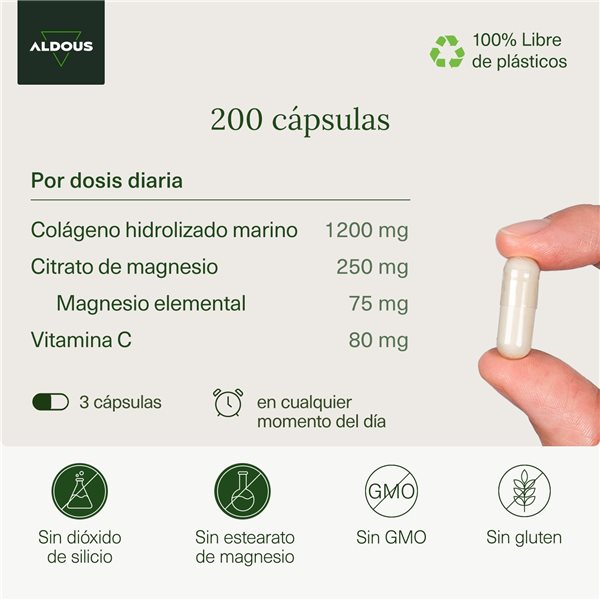 Collagène hydrolysé pur avec magnésium et vitamine C - 200 capsules-lateral