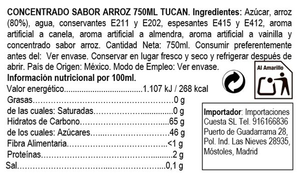 Rice flavored water concentrate brand Tucán 750ml-detalle