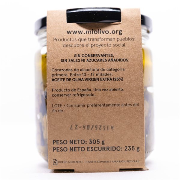 Corazones de alcachofa asada a la leña de olivo en AOVE (9 uds x 305 g) | Producto solidario-lateral