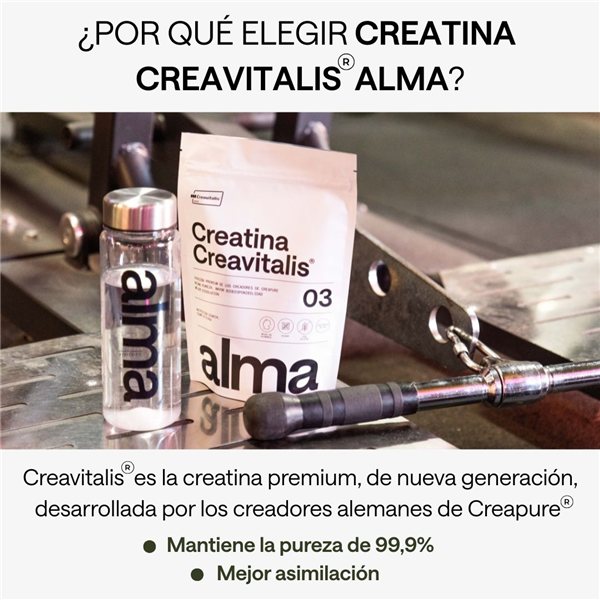 Creatina Monohidratada Creavitalis® ALMA 300 g | Creatina Creapure® Monohidrato en Polvo Premium 99,9% Pureza | Vegana, Sin Gluten ni Lactosa | 100 Dosis | Disolución Instantánea | Fabricada en Alemania-detalle