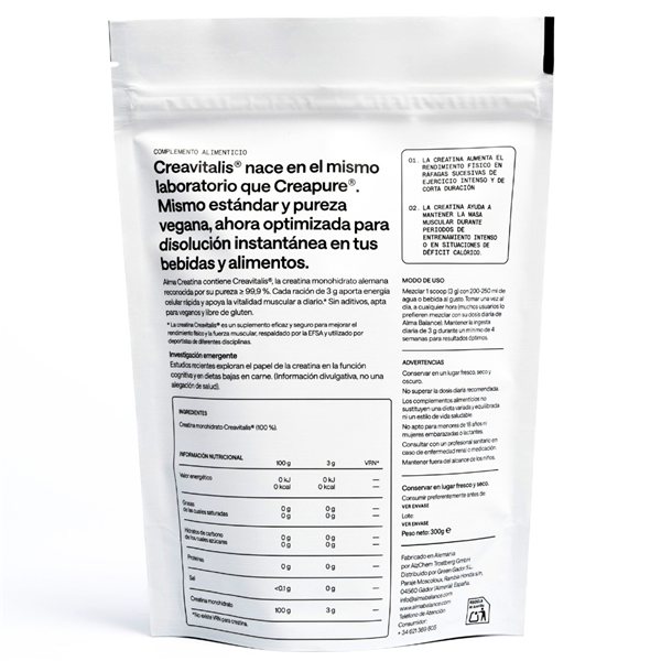 Creatina Monohidratada Creavitalis® ALMA 300 g | Creatina Creapure® Monohidrato en Polvo Premium 99,9% Pureza | Vegana, Sin Gluten ni Lactosa | 100 Dosis | Disolución Instantánea | Fabricada en Alemania-izquierda