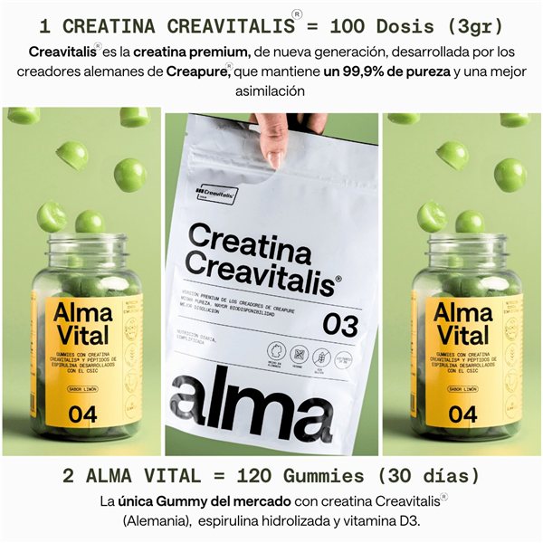 Monohydrated Creatine Creavitalis® ALMA 300 g and 120 Creatine Gummies Creavitalis®, Vitamin D3, and Hydrolyzed Spirulina Alma Vital Gummies with lemon flavor | Creatine with 99.9% purity and vegan.-detalle