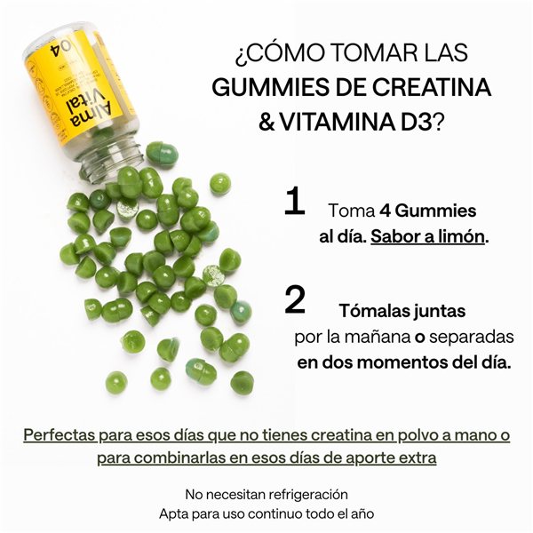 Monohydrated Creatine Creavitalis® ALMA 300 g and 120 Creatine Gummies Creavitalis®, Vitamin D3, and Hydrolyzed Spirulina Alma Vital Gummies with lemon flavor | Creatine with 99.9% purity and vegan.-izquierda