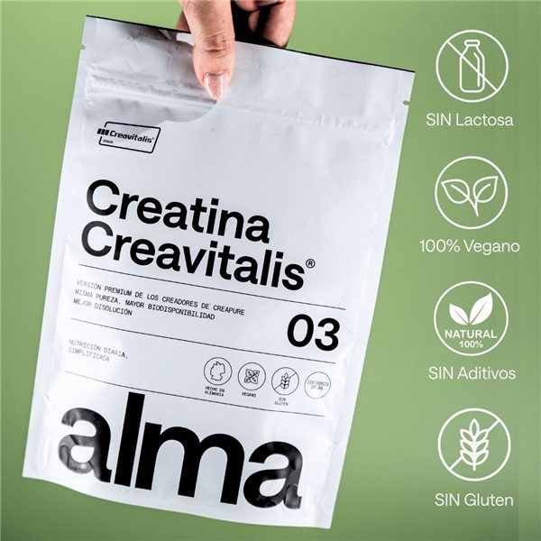 Creatina Monohidratada Creavitalis® ALMA 600 g | Creatina Creapure® Monohidrato en Polvo Premium 99,9% Pureza | Vegana, Sin Gluten ni Lactosa | 200 Dosis | Disolución Instantánea | Fabricada en Alemania-lateral