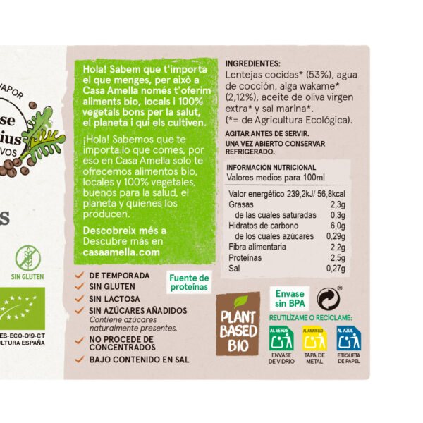 Crema de Lentejas con Alga Wakame Bio 490ml, Casa Amella-izquierda